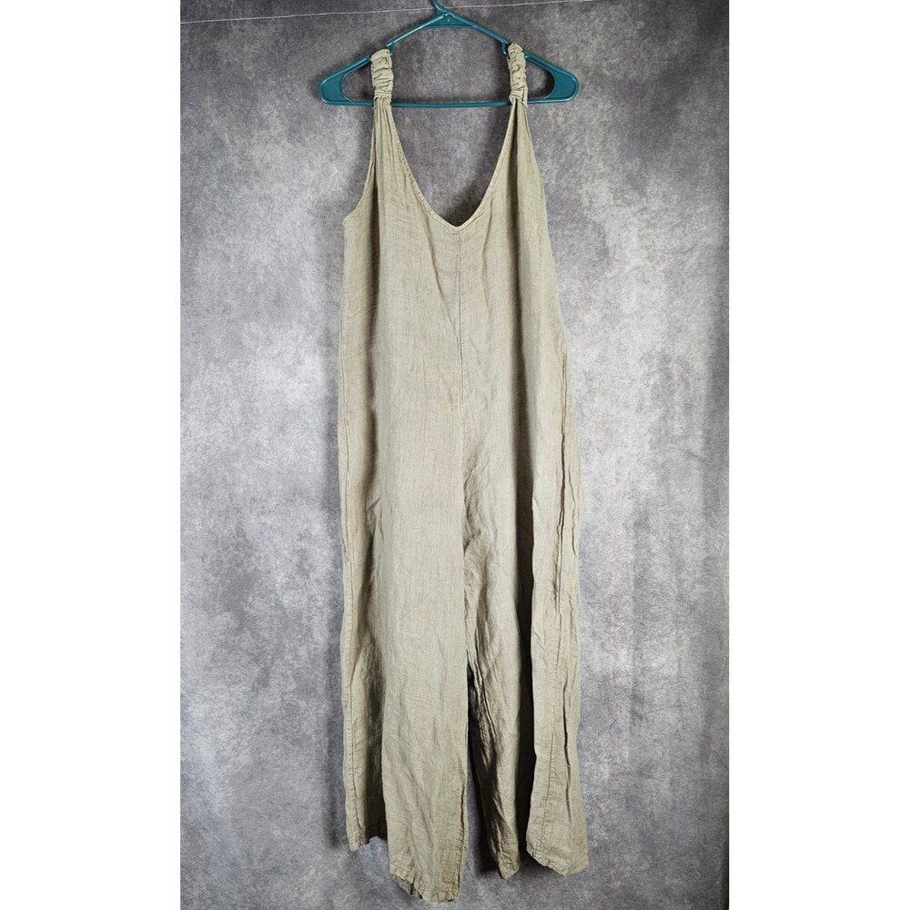 Linen Jumpsuit Casual Loose Wide Leg Pants Overalls Pull On Grayish Brown L/XL - Picture 2 of 10